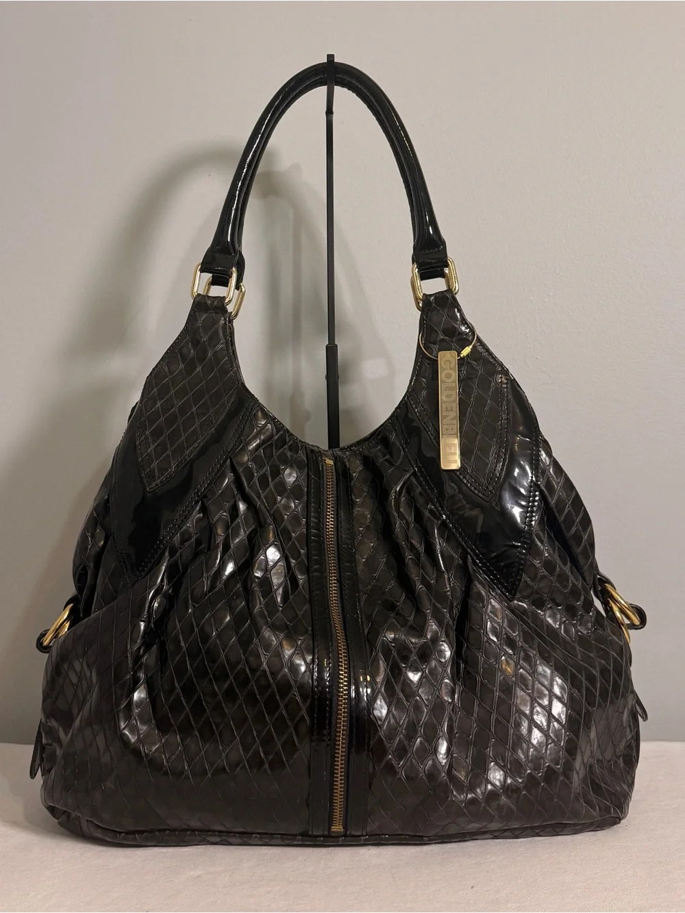 Goldenbleu Hobo Shoulder Bag Black Patent Leather Diamond Quilted Y2K
